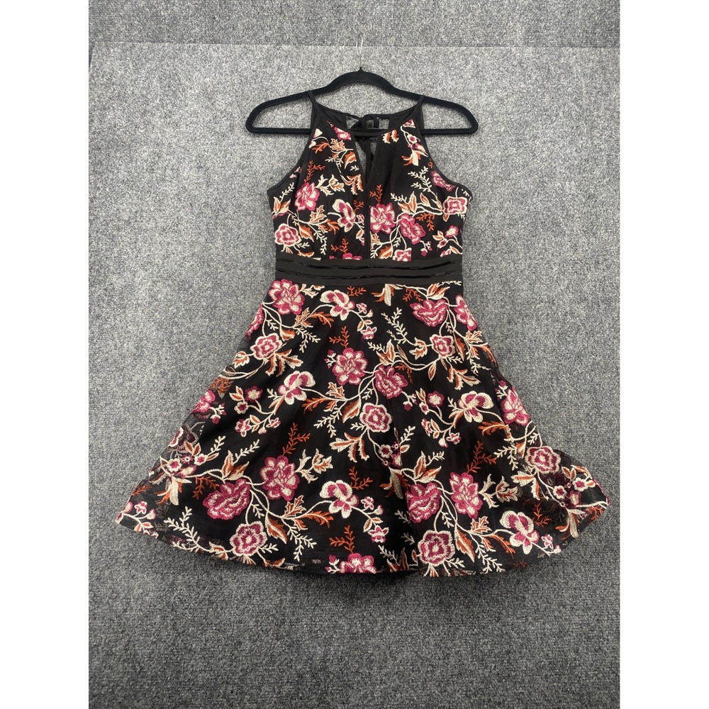 City Studio Floral Embroidered Halter Dress Black Pink Orange Mesh Party Size 3